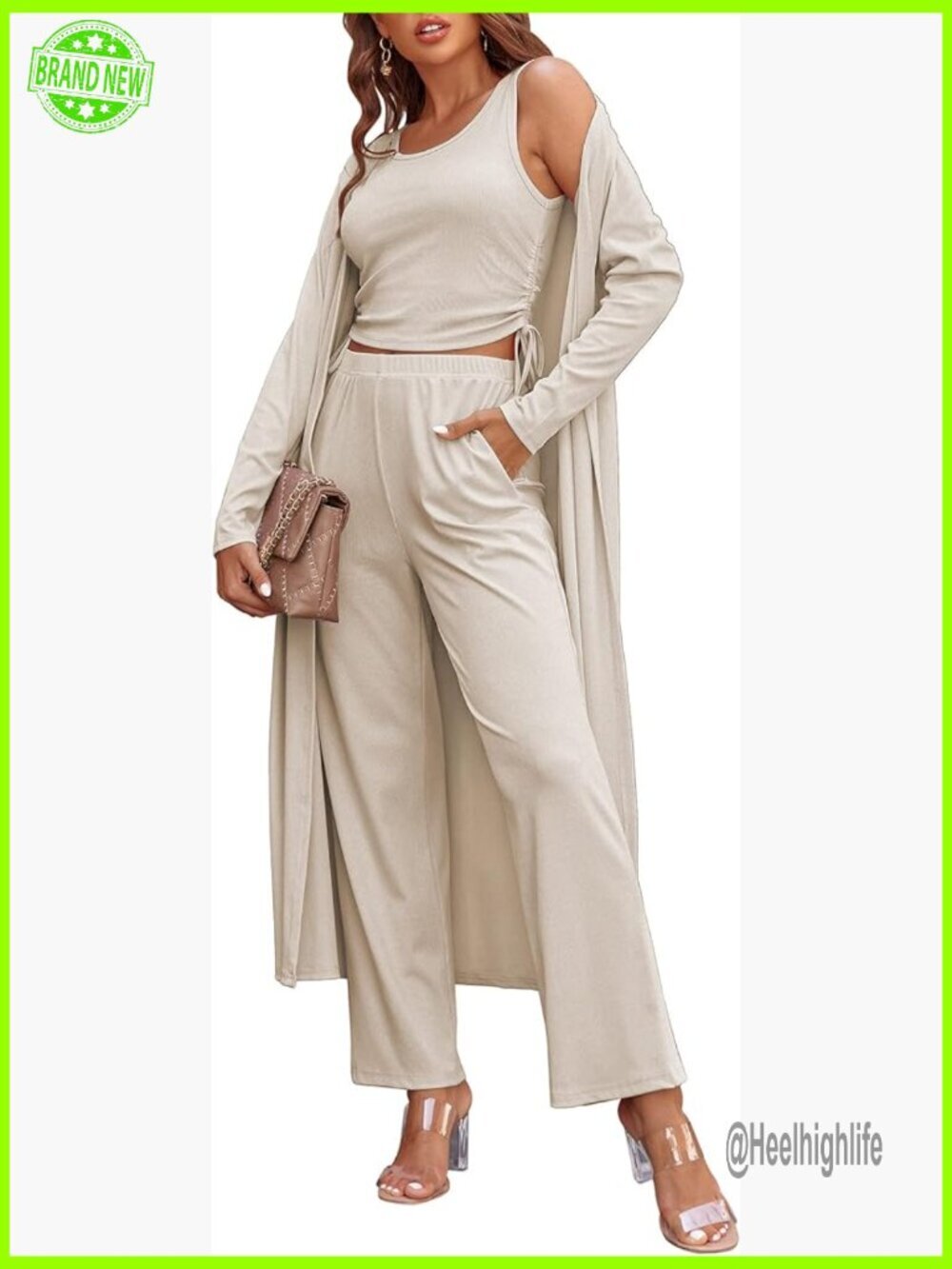 3 Piece Lounge Set Long Sleeve Cardigan Tank Top Pants S-XXL